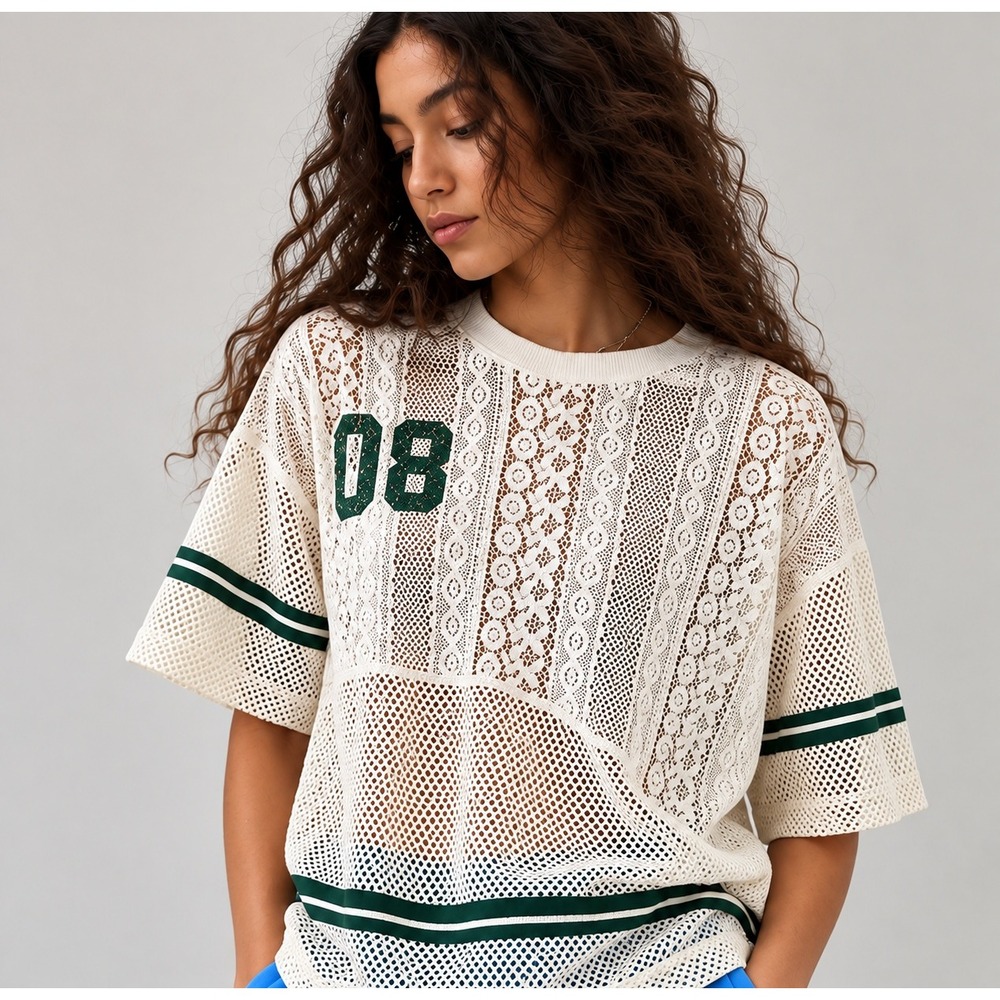 Messy Bun Just Chillin Lace Mesh Jersey Top Small Varsity Boho Y2K Streetwear